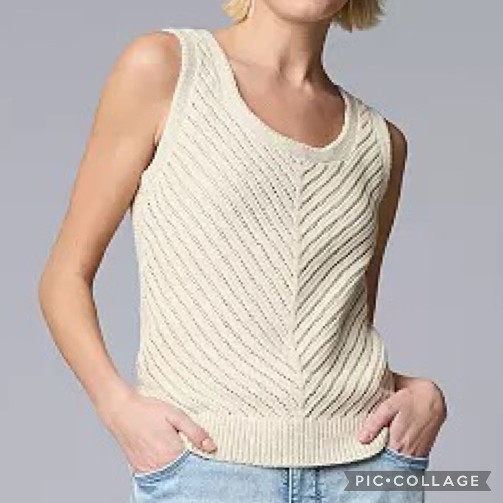 Open Knit Chevron Crochet Textured Tank Top Cream Size XS